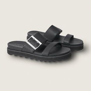 Sorel Roaming slide black leather buckle platform sandals